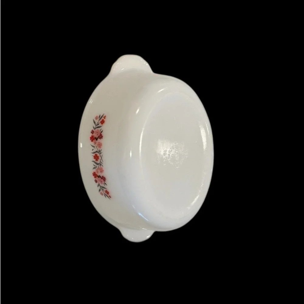 Fire King 467 White Milk Glass Baking Dish Primrose Pink Red Flowers